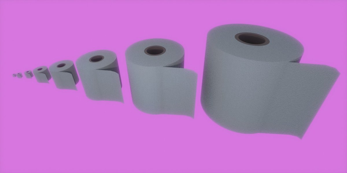 Mehre gerenderte Toilettenpapierrollen mit unterschiedlicher Skalierung. Von links nach rechts größer werdend. Auf rosa Hintergrund.