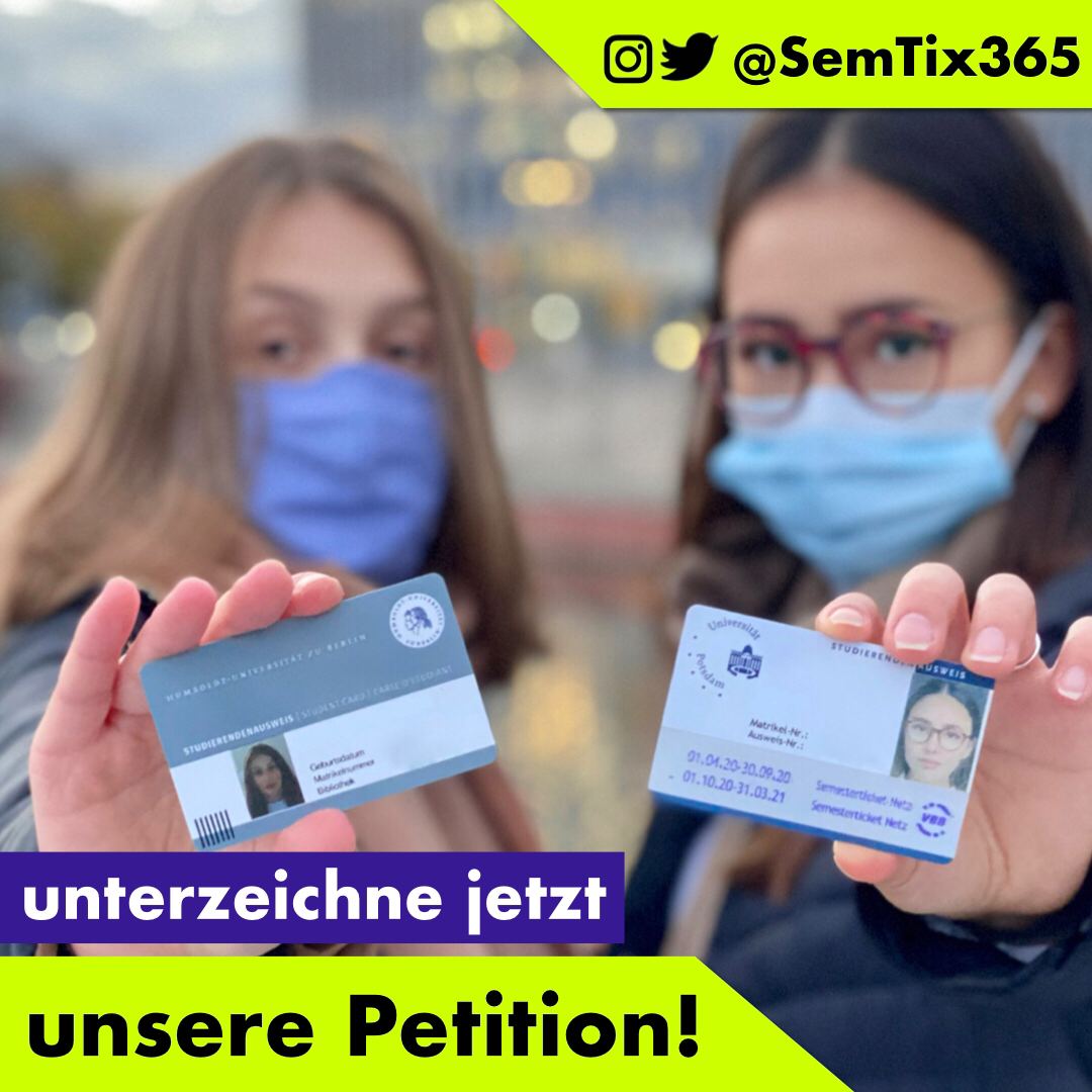 Zwei Studierende halten ihr Semesterticket in die Kamera. Bildunterschrift "Unterzeichne jetzt unsere Petition!"